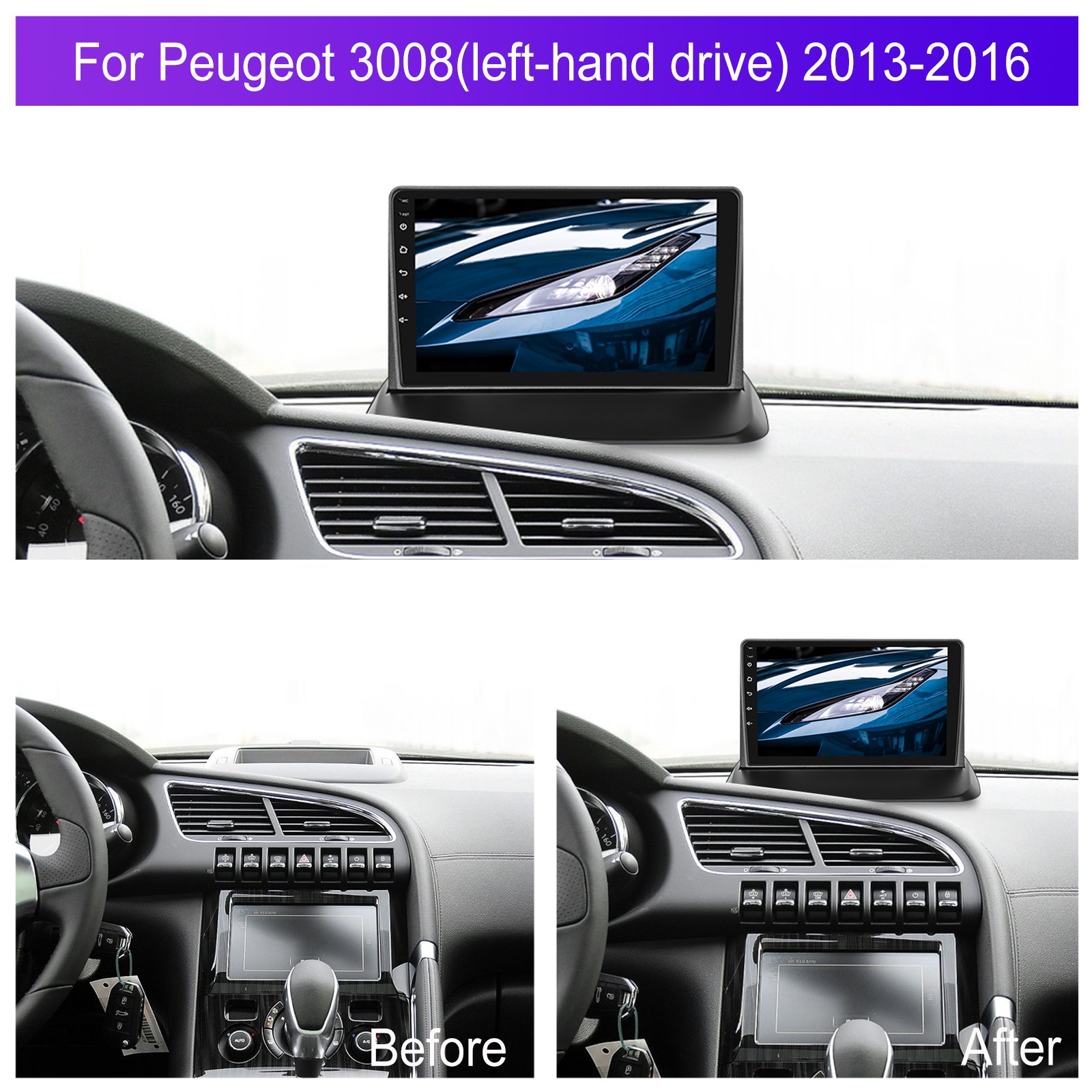 Podofo 9'' Car Stereo Android 13 For Peugeot 3008 2013-2016 Car Radio Carplay&Android Auto WIFI GPS BT FM/RDS DVR AHD Camera