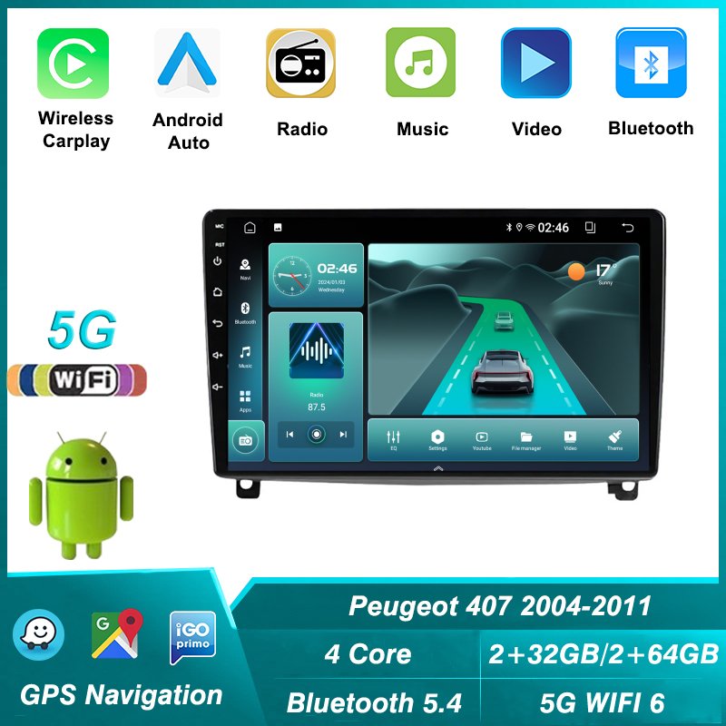 5G+2.4G WiFi Bluetooth 5.4 Android Car Radio Multimedia For Peugeot 407 1 2004 - 2011 Stereo Video Player GPS Navigation DSP