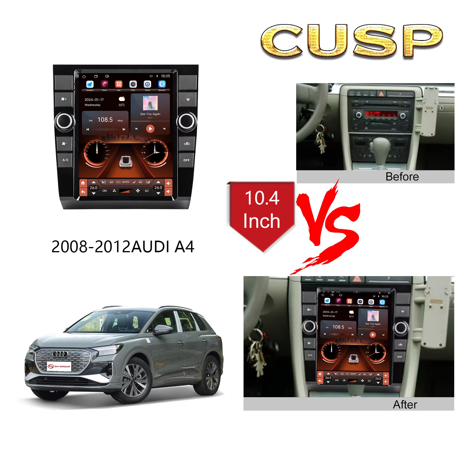 Multimedia GPS Navigation 10.4 Inch Screen Android 13 Car Stereo Radio Car Play Video Play For AUDI A4 2002-2008