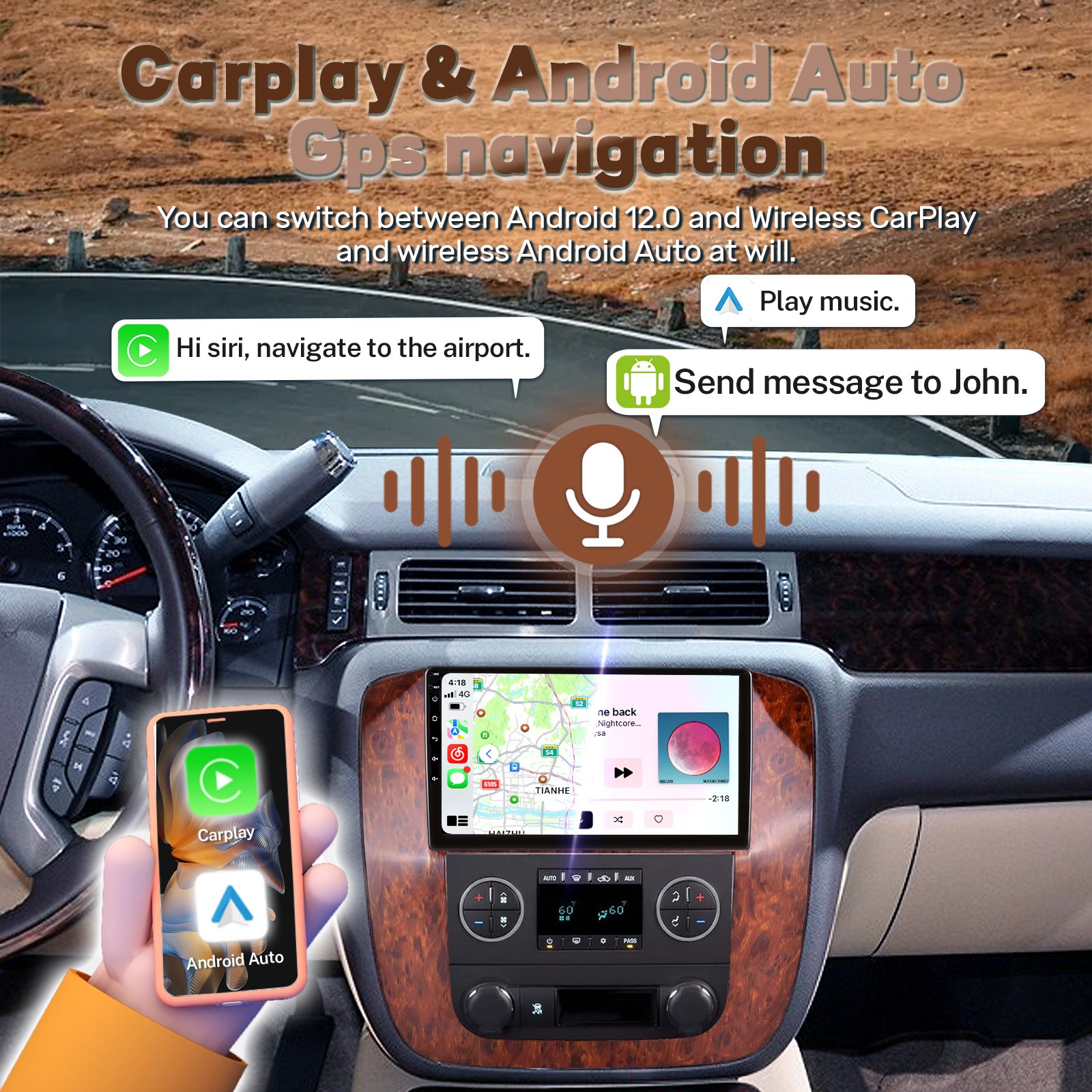GMC YUKON 07-12 Stereo Android Car Radio 9" Stereo GMC GPS Navigation Carplay Multimedia Player 4 Core 2+64g Universal Support