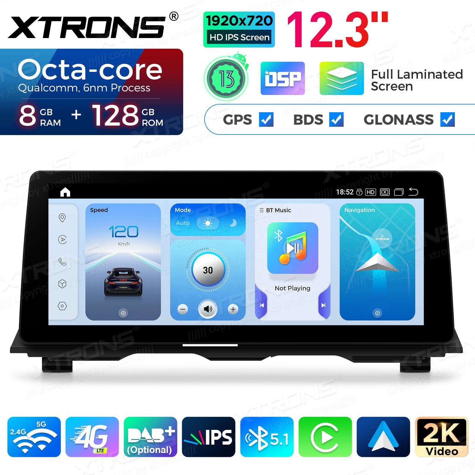 XTRONS 12.3 Inch Head Unit 8+128g Carplay Android AutoRadio Navigation GPS For 13-16 NBT BMW 5 Series F11 F10 Android 13 Screen