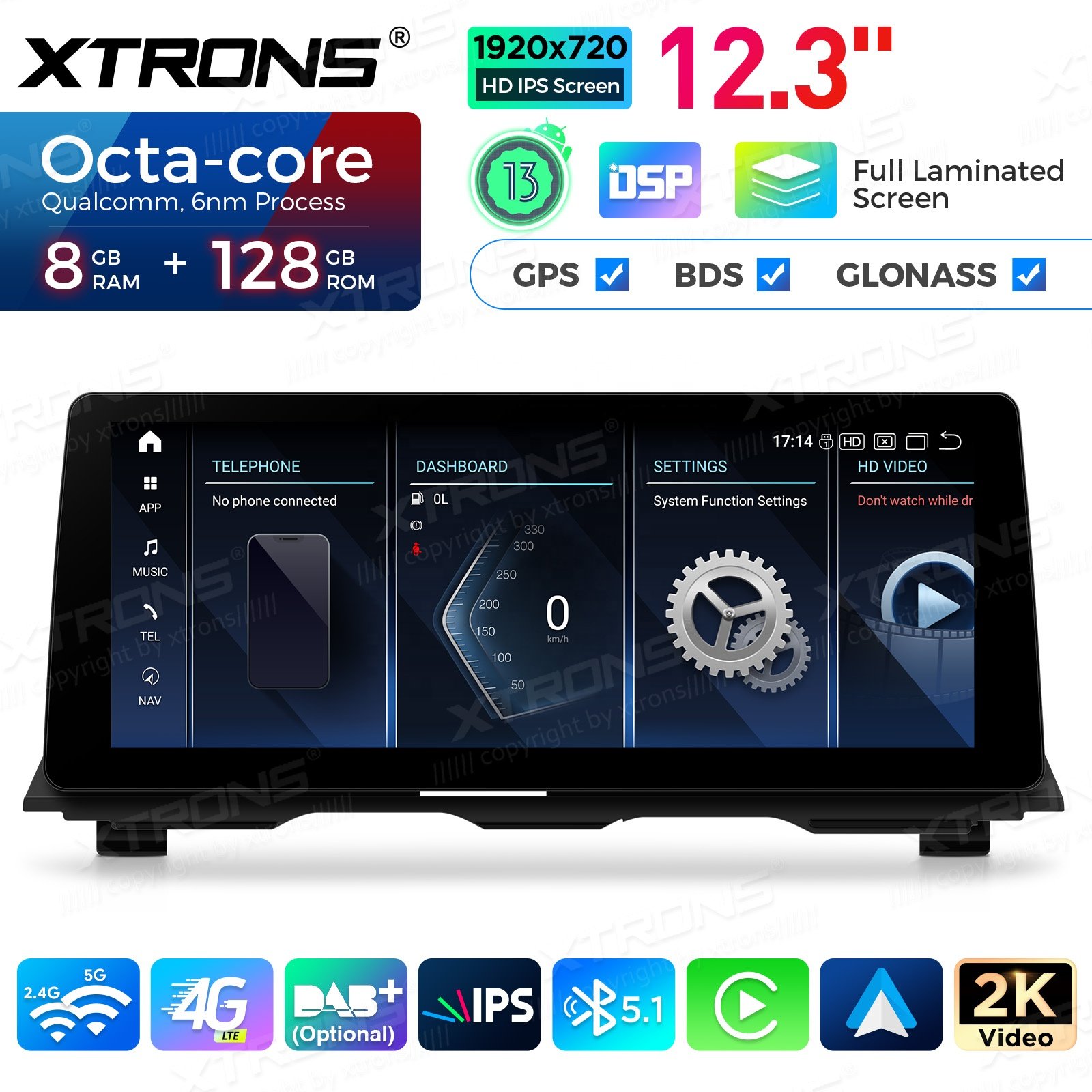 XTRONS 12.3 Inch Head Unit 8+128g Carplay Android AutoRadio Navigation GPS For 13-16 NBT BMW 5 Series F11 F10 Android 13 Screen