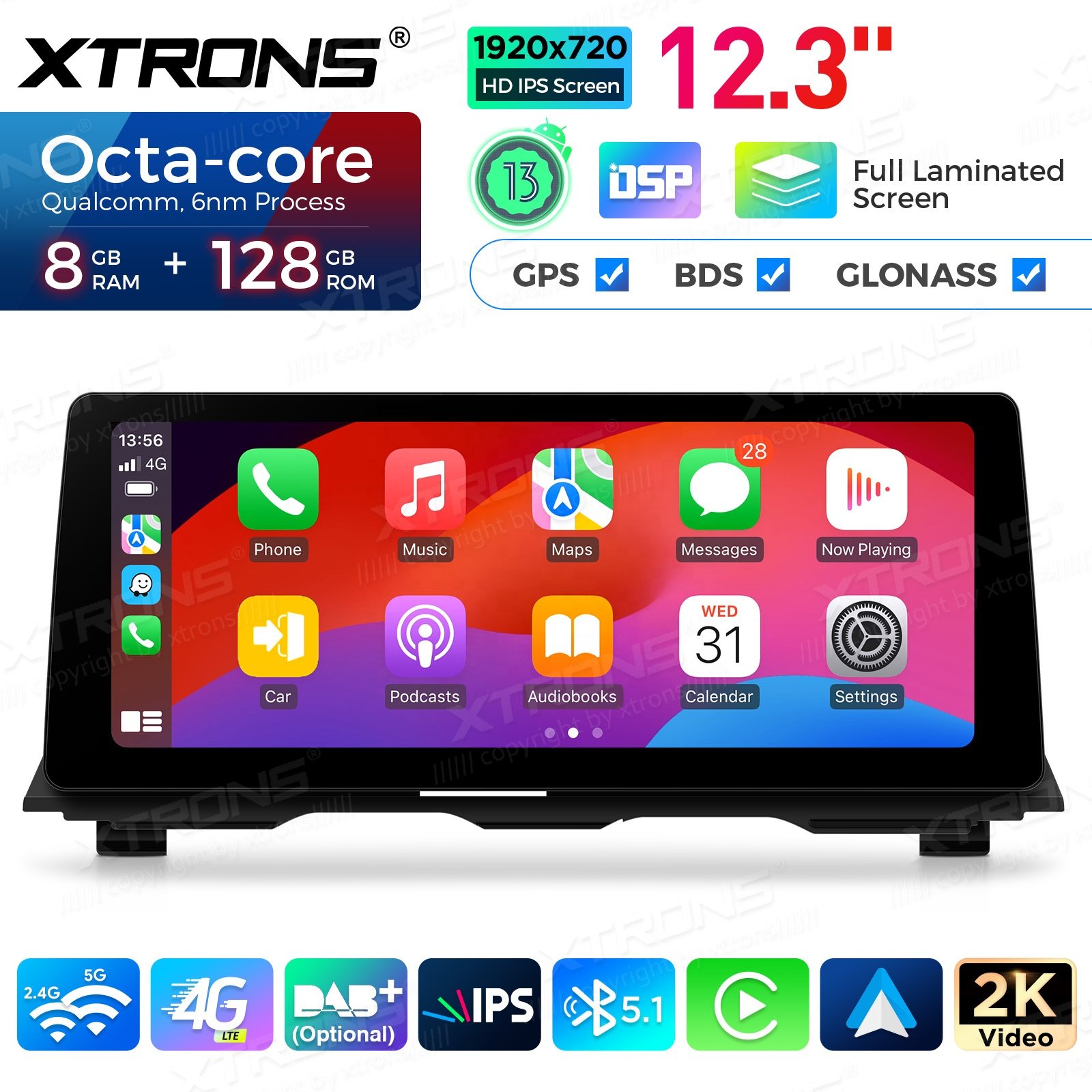 XTRONS 12.3 Inch Head Unit 8+128g Carplay Android AutoRadio Navigation GPS For 13-16 NBT BMW 5 Series F11 F10 Android 13 Screen