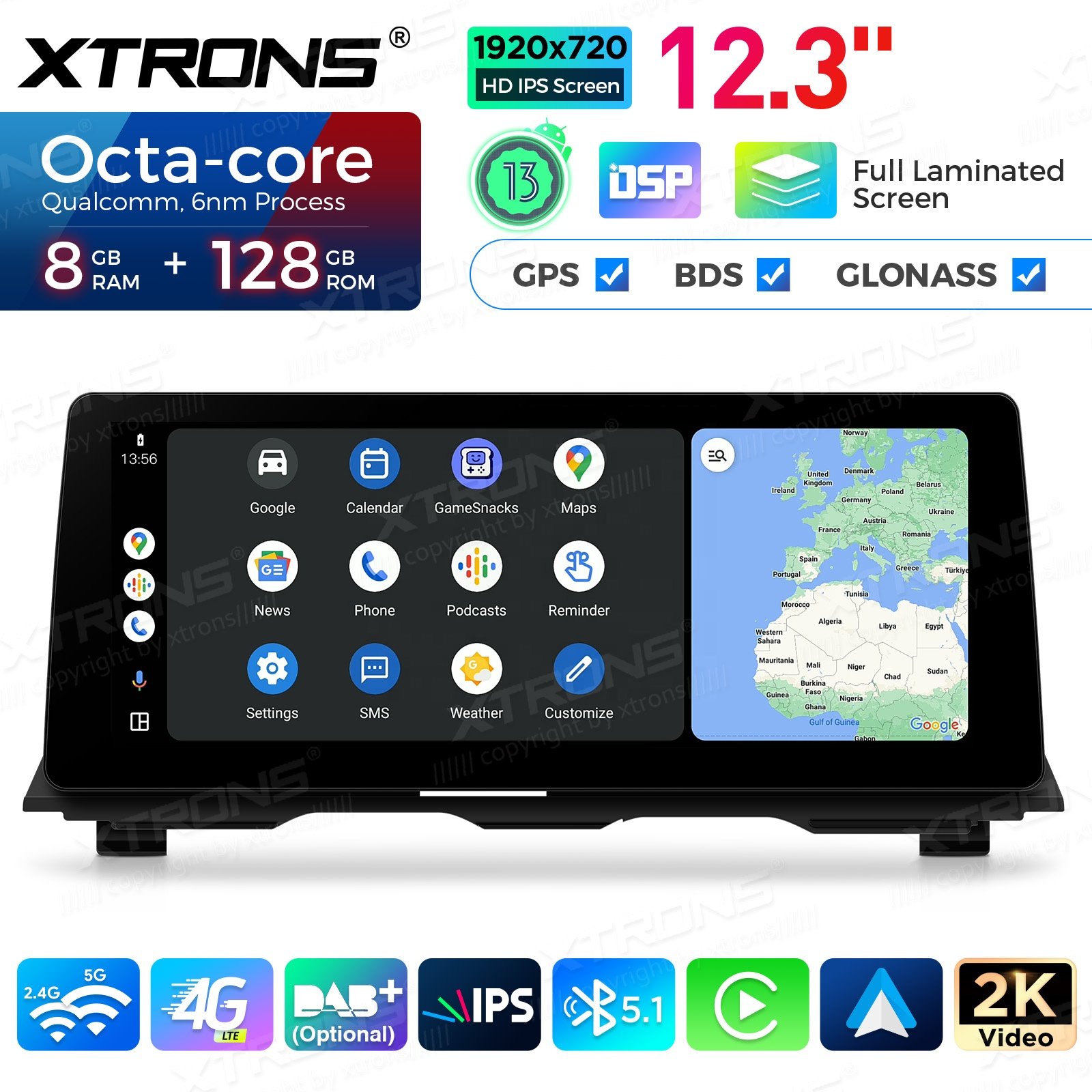 XTRONS 12.3 Inch Head Unit 8+128g Carplay Android AutoRadio Navigation GPS For 13-16 NBT BMW 5 Series F11 F10 Android 13 Screen