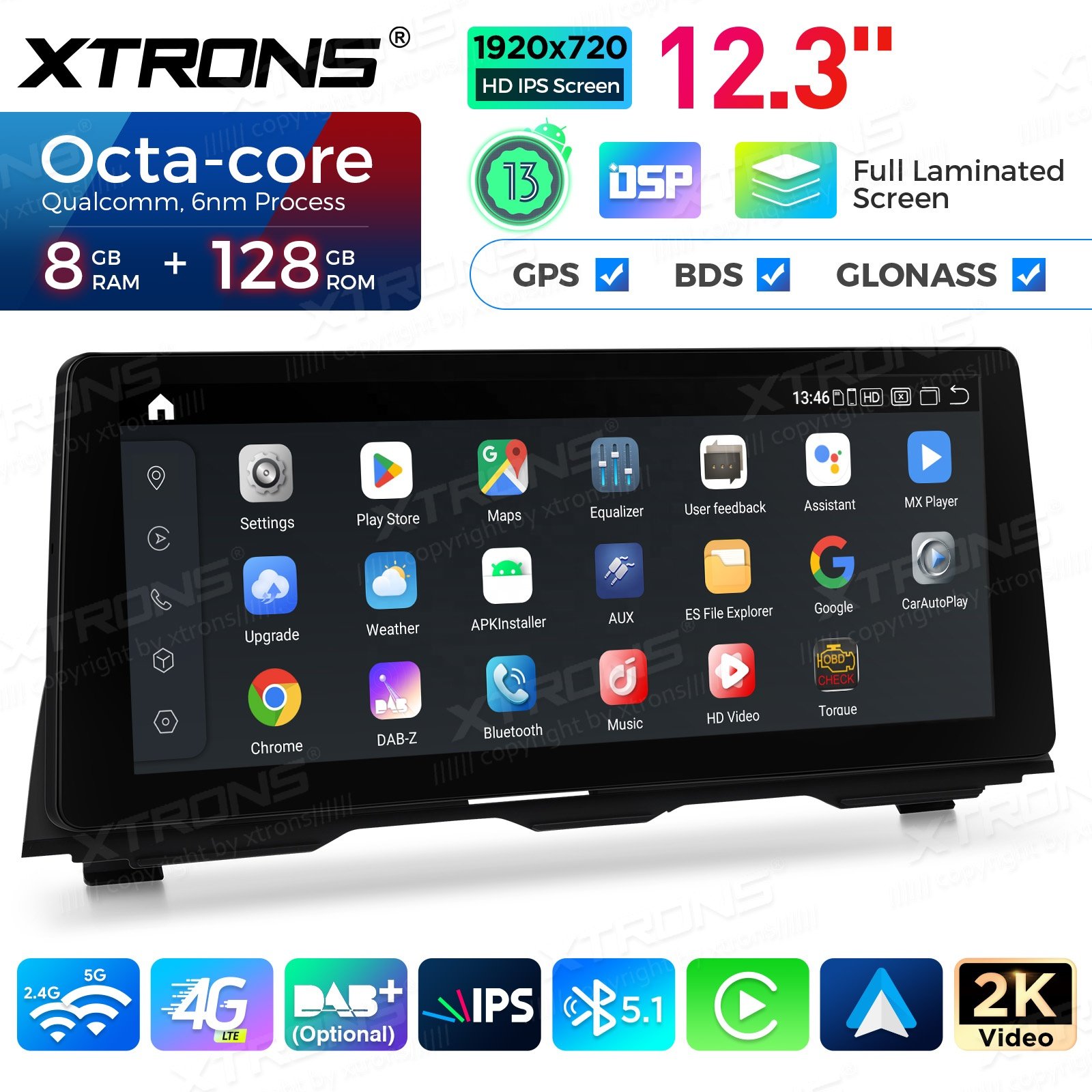 XTRONS 12.3 Inch Head Unit 8+128g Carplay Android AutoRadio Navigation GPS For 13-16 NBT BMW 5 Series F11 F10 Android 13 Screen