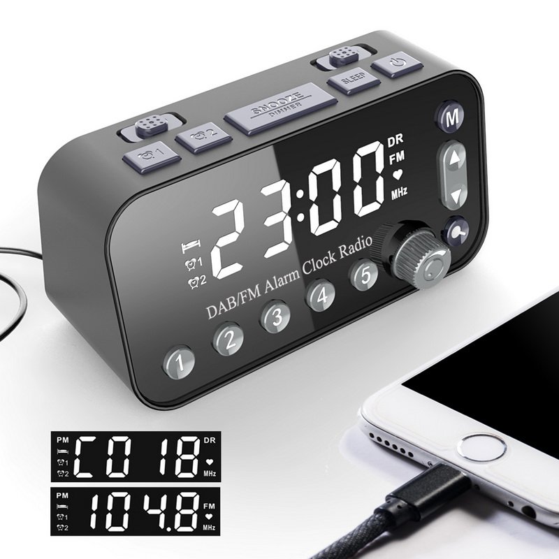 Jumbo LED screen snooze Bedside alarm clock DAB/FM radio with two USB port charge to smartphone