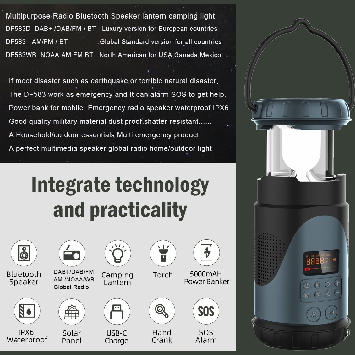 Camping light lantern noaa wb am fm dab radio multi Speakers Europe or Usa verson Global satellite signals Portable radio