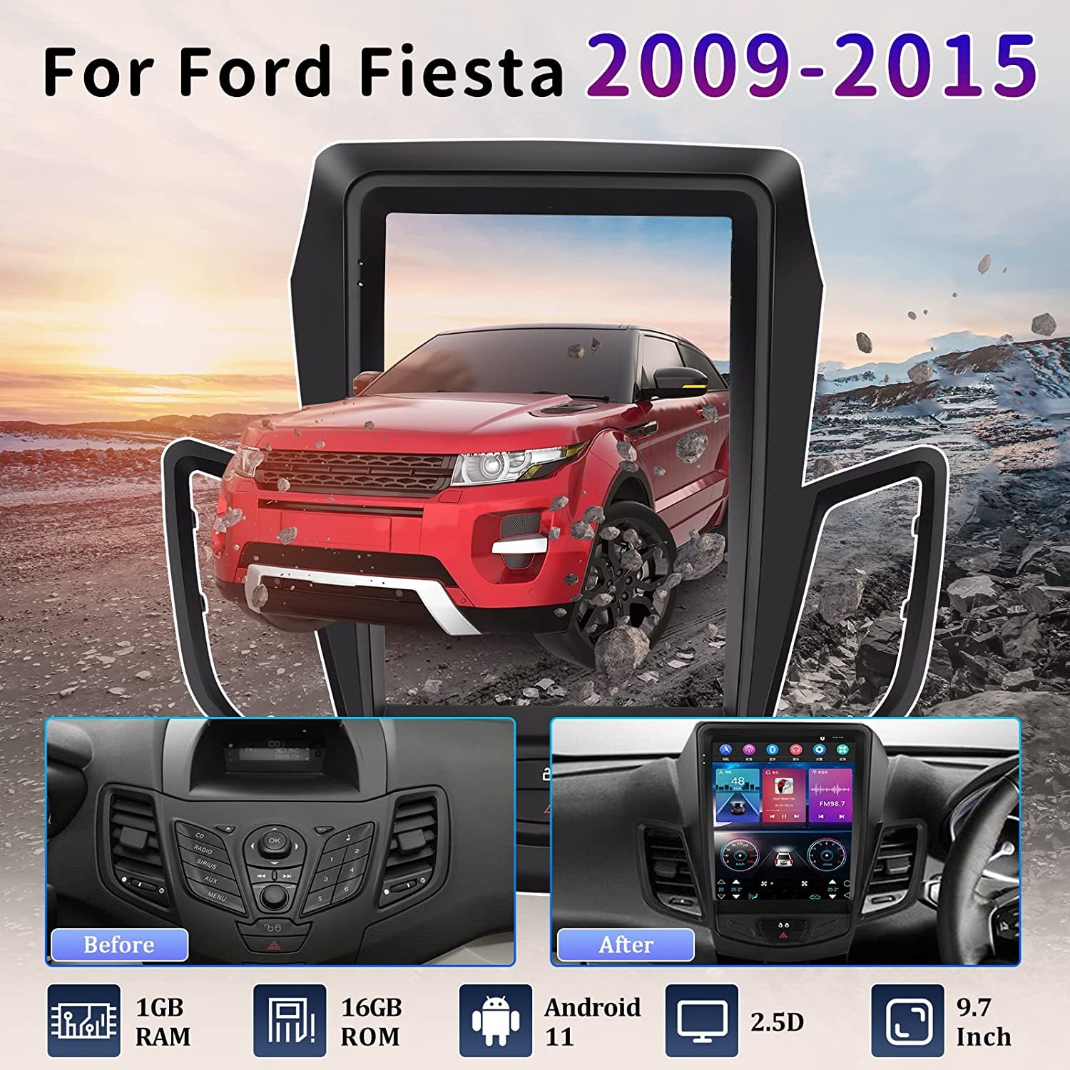 Podofo 9.7 Inch Android Car Stereo Car Radio For Ford Fiesta 2012-2015 With Carplay Android Auto GPS Wifi Hifi FM RDS MIC Camera