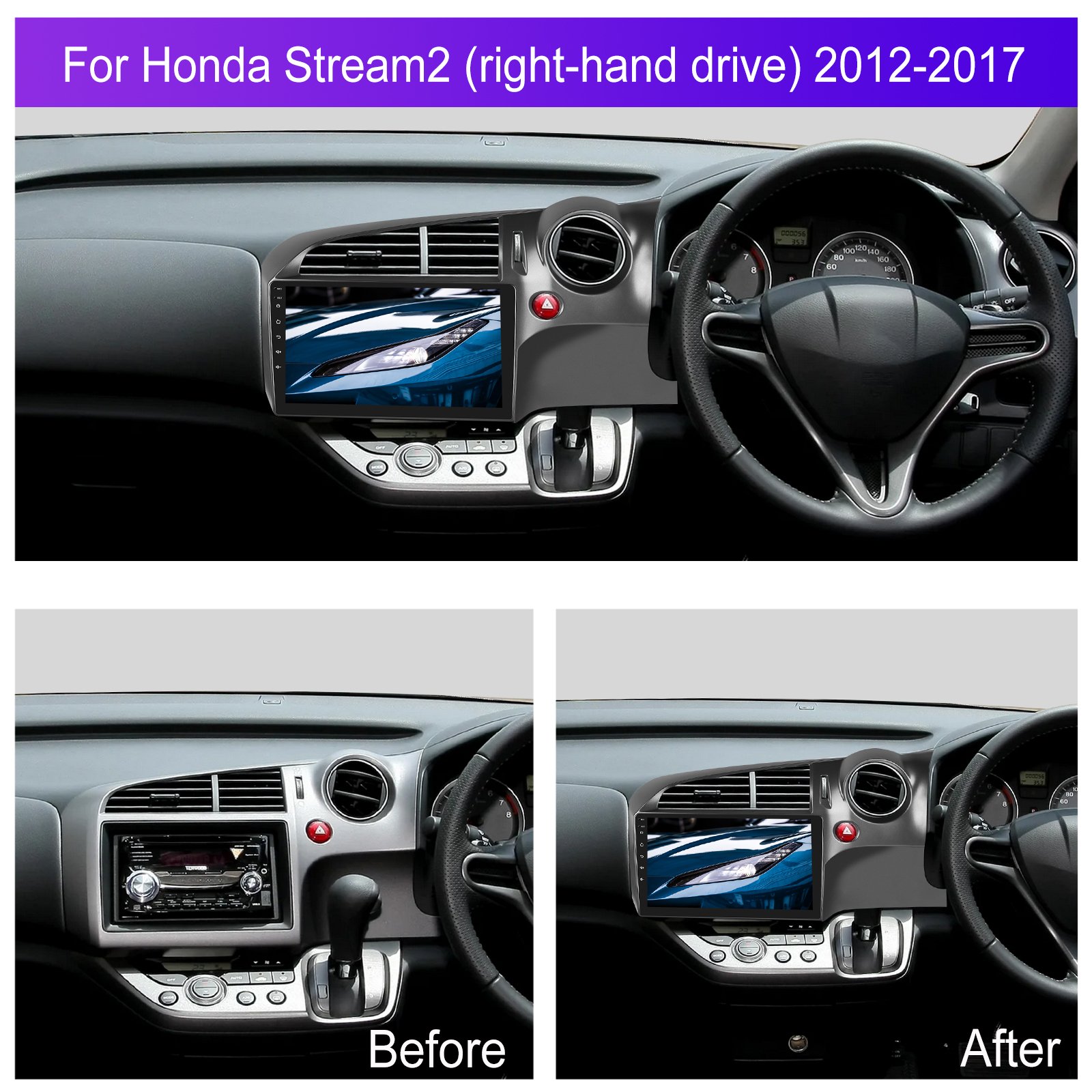 Podofo 10.1'' Car Radio 2+64G Carplay Android Auto For Honda stream2 2006-2014(right-hand drive) Hifi Wifi BT FM Auto Multimedia