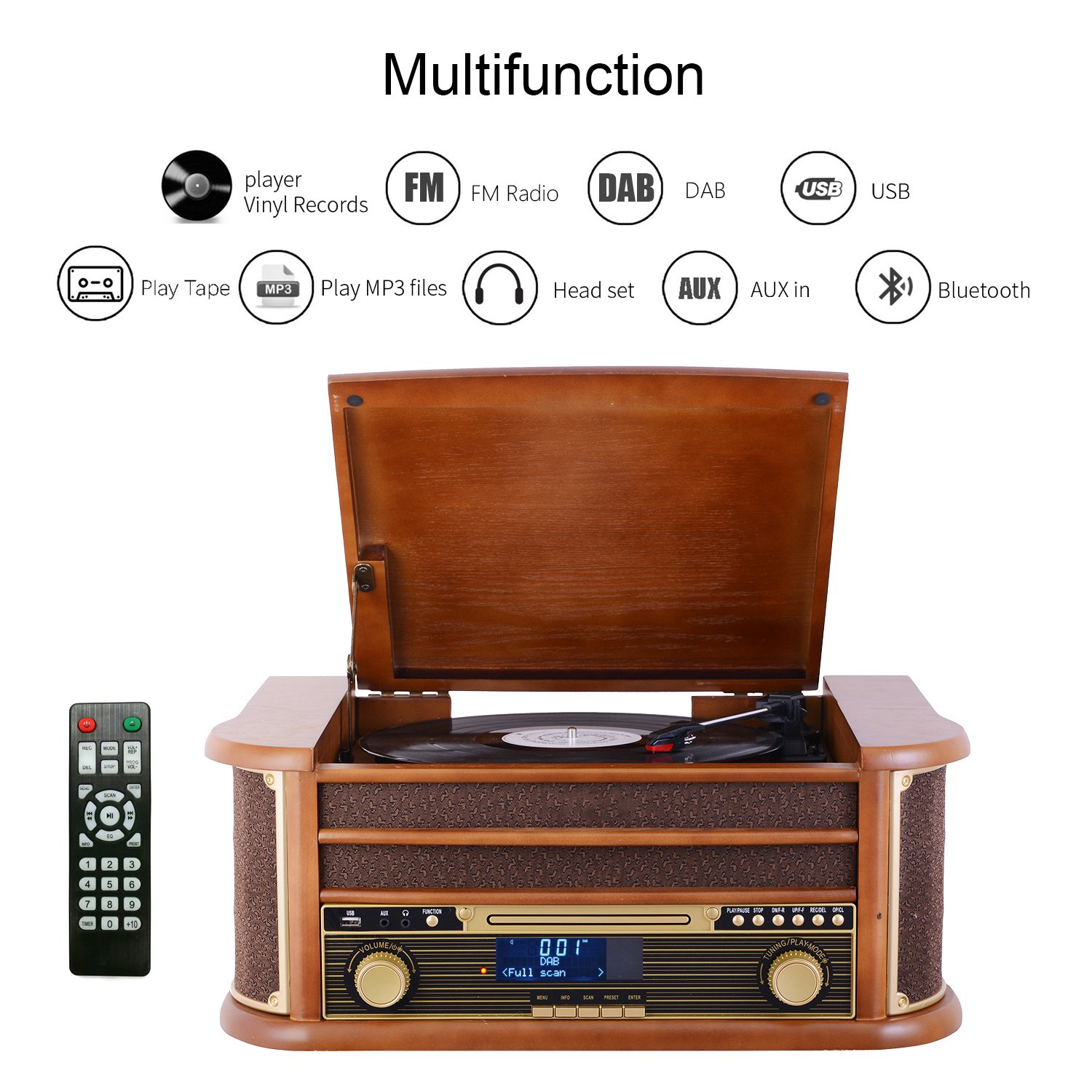 Nostalgic Vinyl Record Player CD USB MP3 Cassette Player DAB Radio