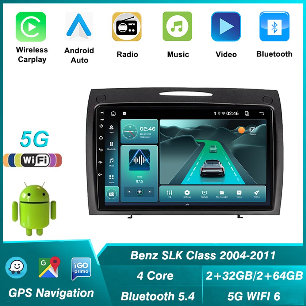 Android 5G+2.4G Built-in Wifi6 Car Radio Player Bluetooth 5.4 Carplay For Mercedes Benz SLK Class R171 2004-2011 Navigation GPS
