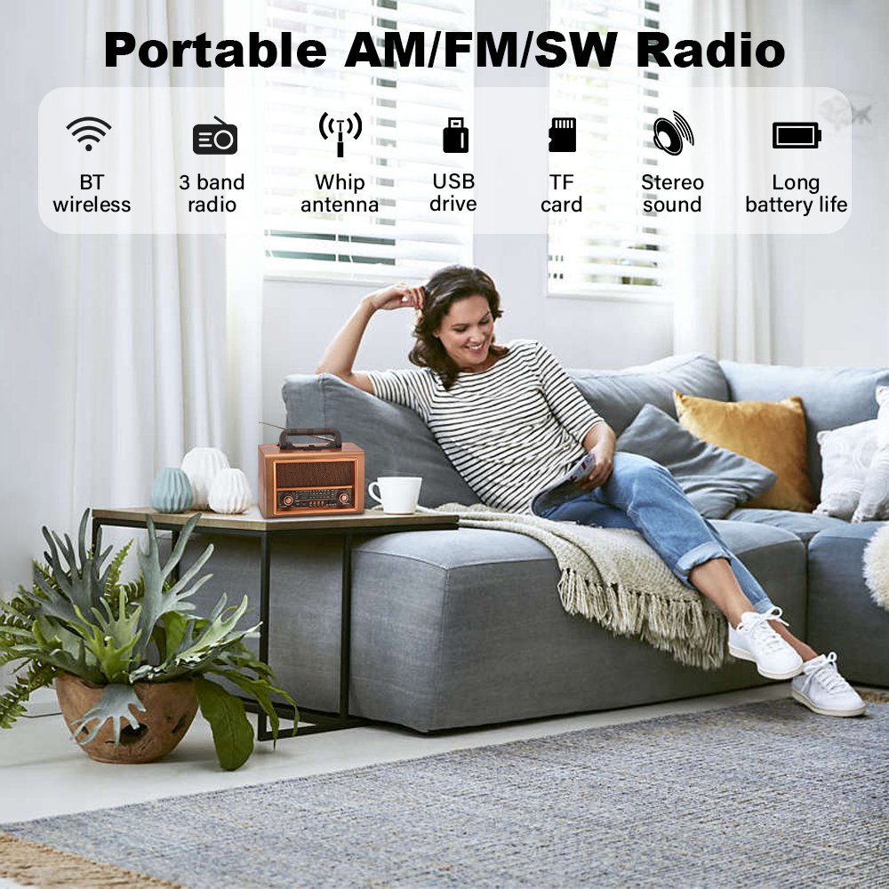 Old fashioned Vintage Portable Radio Am/fm/sw 3 band Home Radio Remote Control for Home,Outdoors