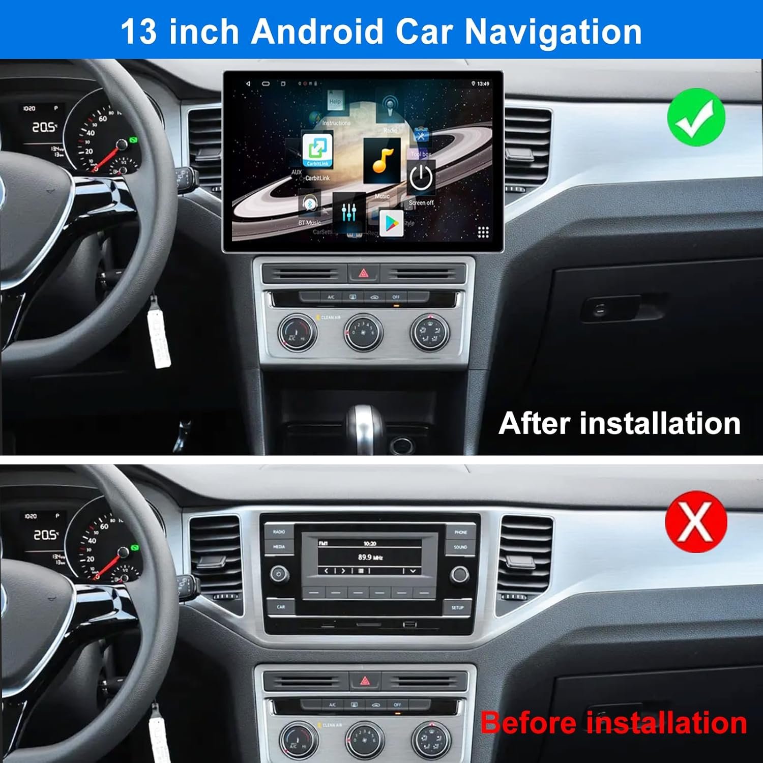 Android 13 Octa Core 4+64GB 13 inch Double Din Touch Screen Android Car Stereo Support AHD Front and Rear Camera Autoradio