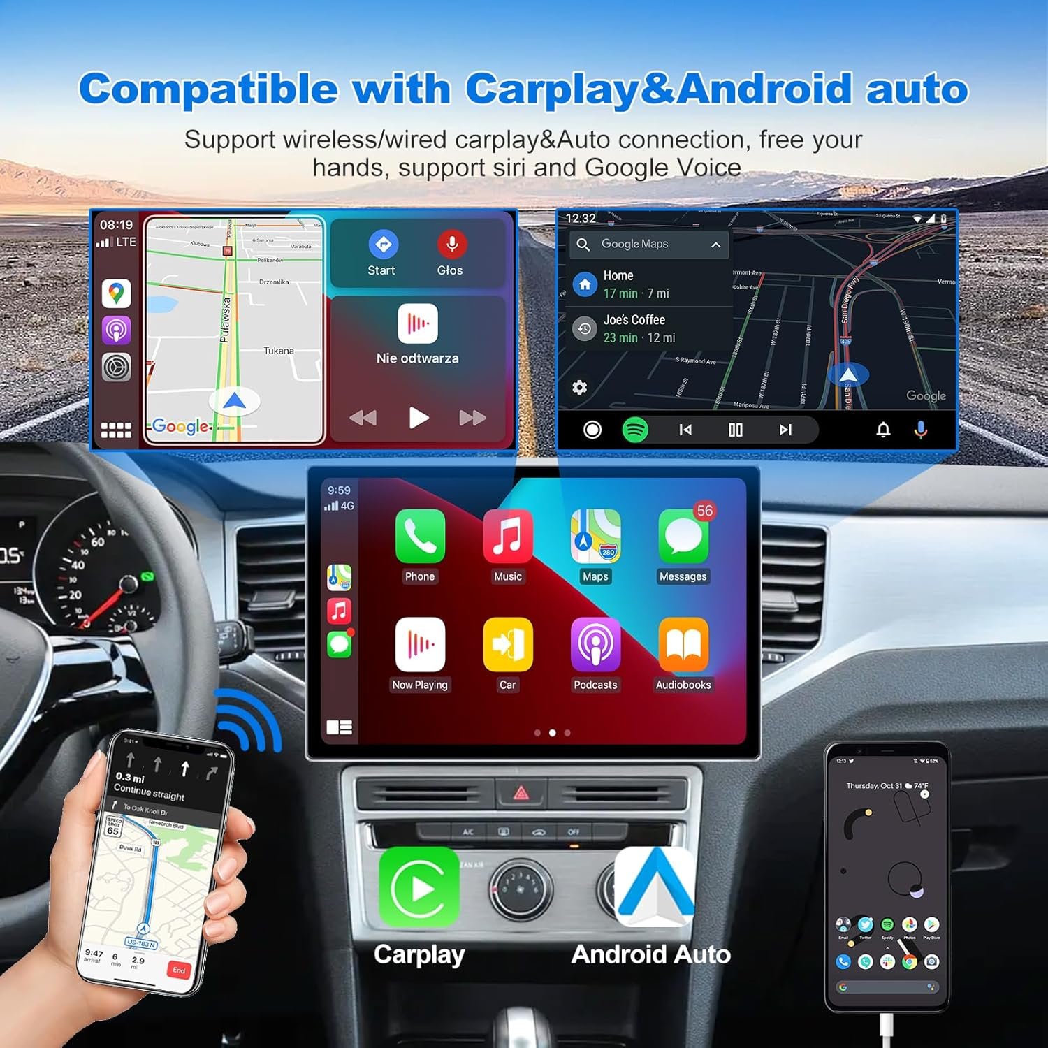 Android 13 Octa Core 4+64GB 13 inch Double Din Touch Screen Android Car Stereo Support AHD Front and Rear Camera Autoradio