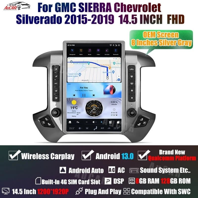 AuCAR 14.4" Latest T-Style Android 13 Car Radio For Chevrolet Silverado GMC Sierra 2015-2019 DVD Player GPS Navigation Stereo