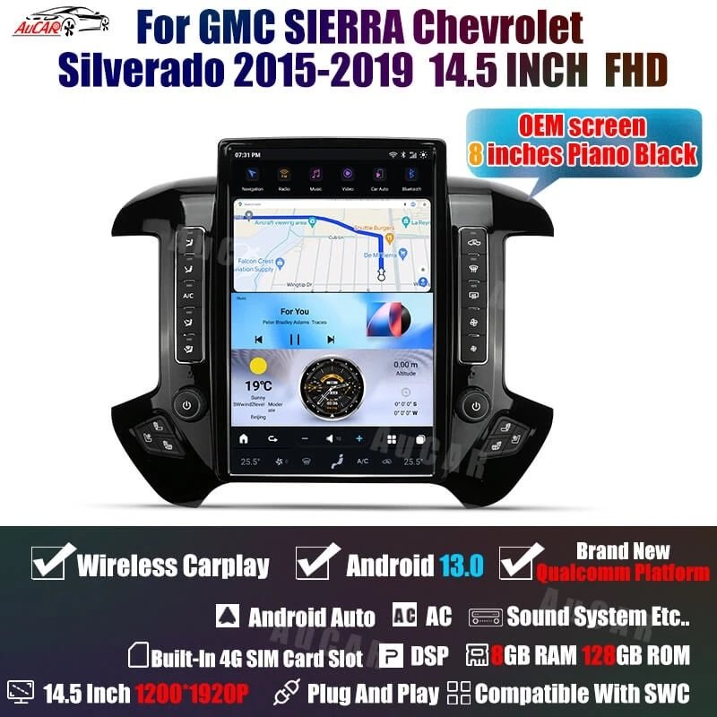 AuCAR 14.4" Latest T-Style Android 13 Car Radio For Chevrolet Silverado GMC Sierra 2015-2019 DVD Player GPS Navigation Stereo