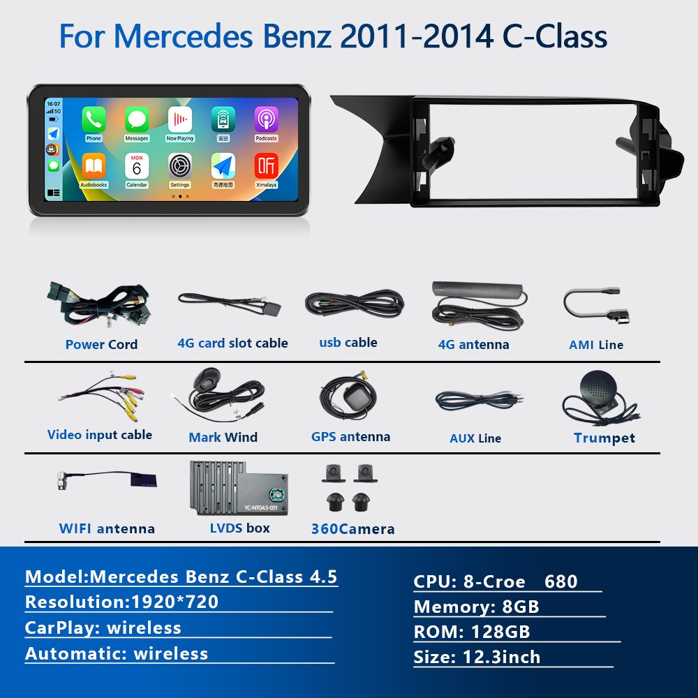 Meihua 8 core 12.3" Qualcomm auto android radio casing For Mercedes Benz 2011-2014 C-class with dual system 360 CarPlay DSP