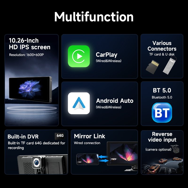 10.26 Inch Touch Screen Wireless CarPlay Car Radio CarPlay Android Auto Portable Car Radio Carplay Screen Audio MP5 Player DVR