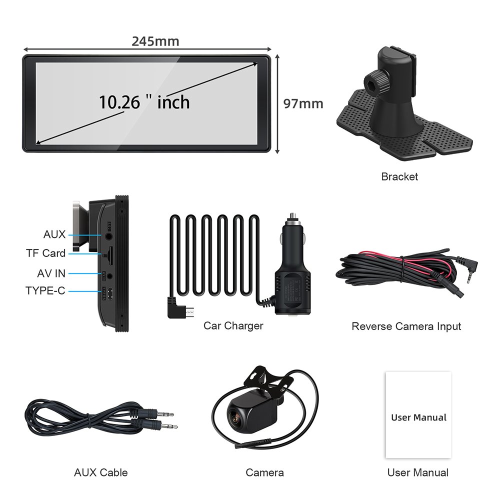 10.26inch IPS HD Portable Monitor Wireless Carplay Screen Wireless Android auto Car Display Universal Multimedia car Stereo