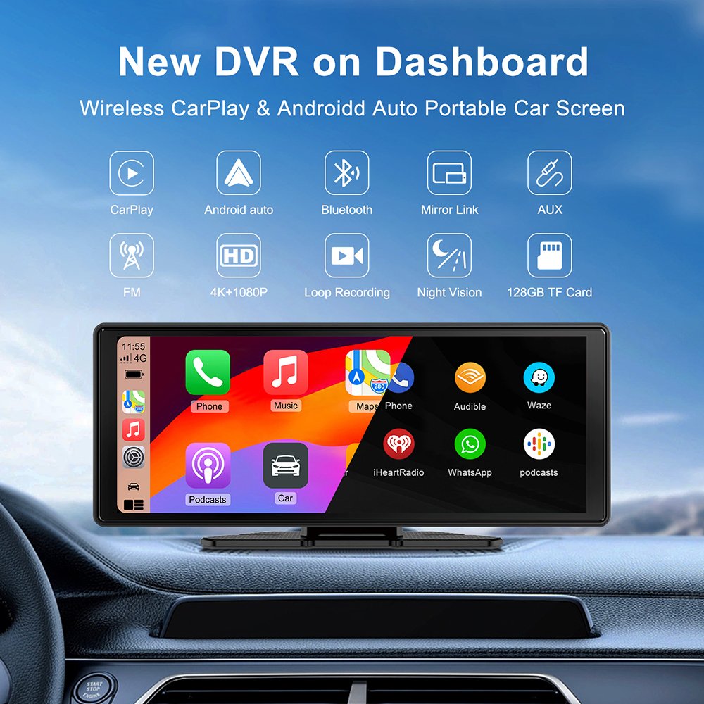 10.26inch IPS HD Portable Monitor Wireless Carplay Screen Wireless Android auto Car Display Universal Multimedia car Stereo