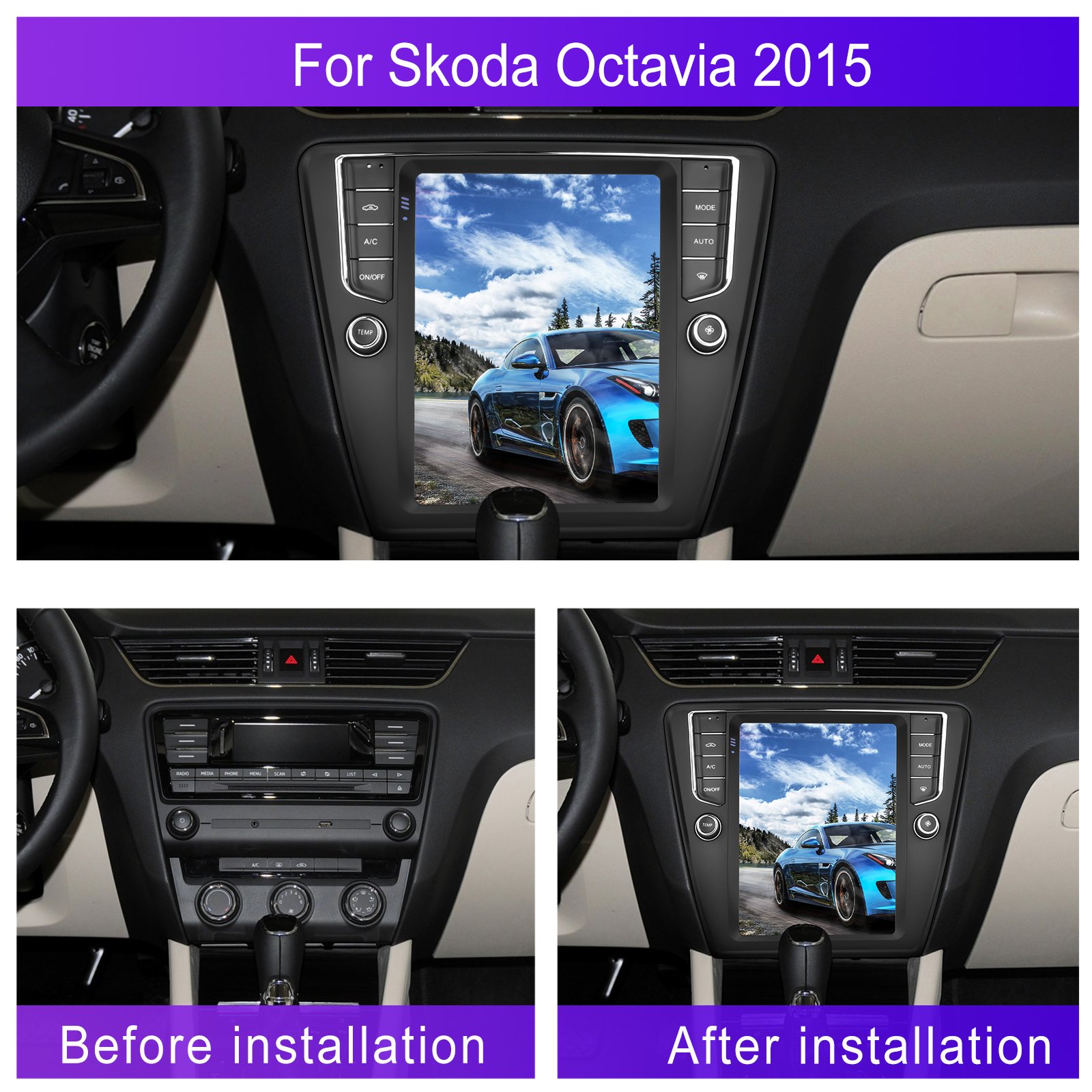 Podofo Android Car Radio 9.7'' 1+32GB/2+64GB For Skoda Octavia 2015 Carplay Android Auto GPS WiFi FM RDS BT