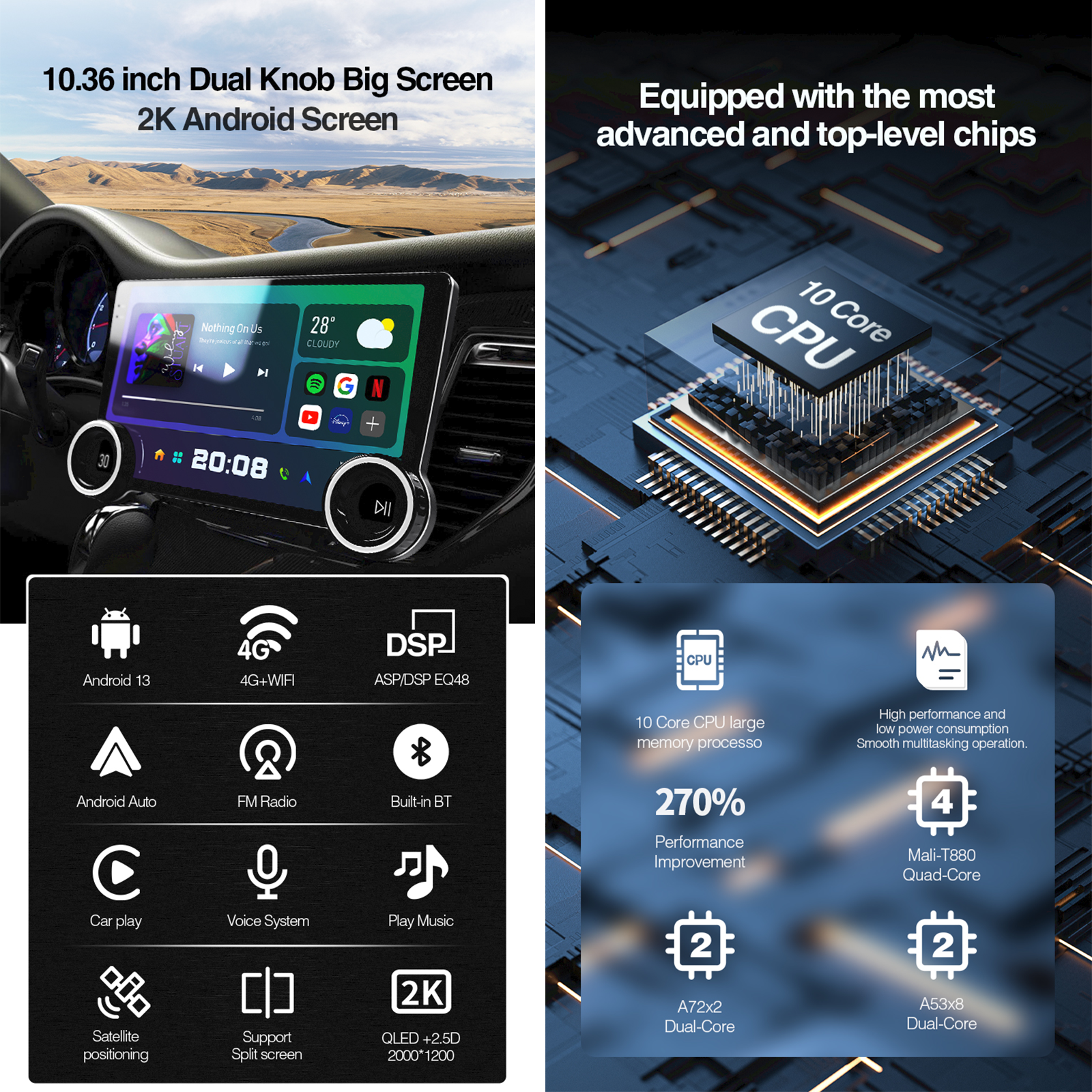 Dual Knob 10.36Inch Universal Car Radio 2K QLED Multimedia Player Carplay Android Auto Intelligent System
