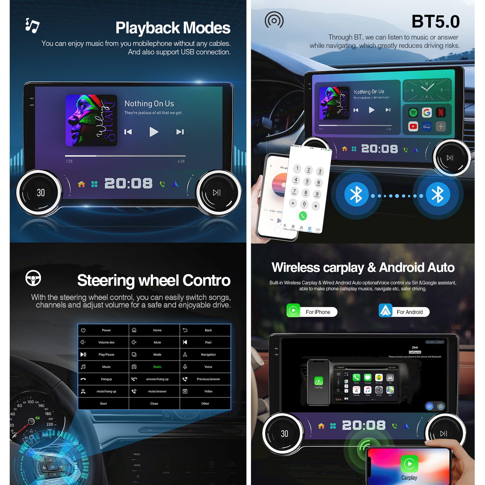 Dual Knob 10.36Inch Universal Car Radio 2K QLED Multimedia Player Carplay Android Auto Intelligent System