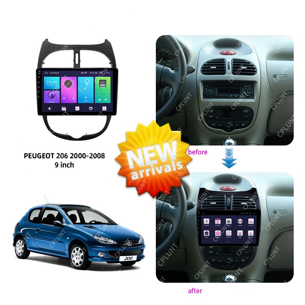 Car DVD Player Frame FOR PEUGEOT 206 2000-2008 9inch Touch screen Android radio Farme stereo