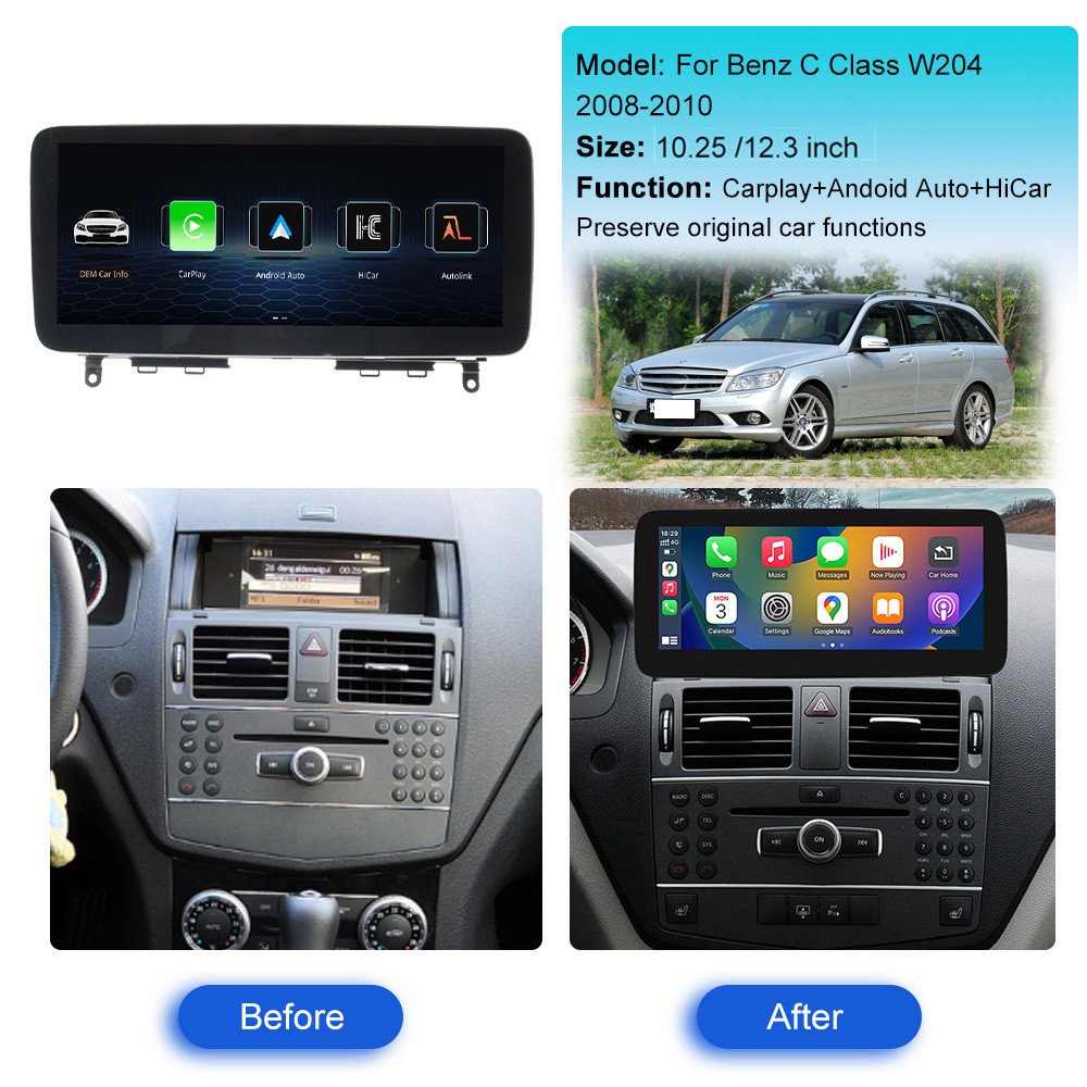 Wireless Carplay Android Auto 12.3'' Linux screen For Mercedes Benz C Class W204 2008-2010 Multimedia Radio Receiver