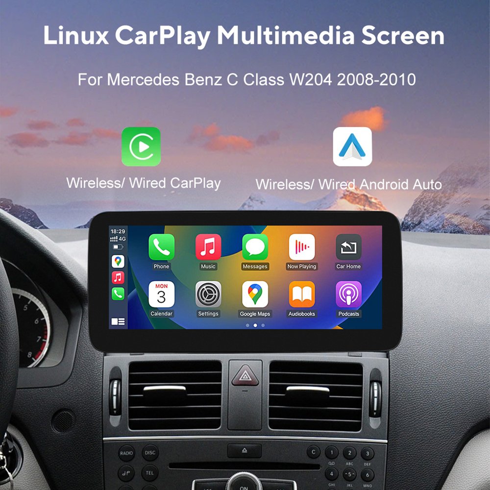 Wireless Carplay Android Auto 12.3'' Linux screen For Mercedes Benz C Class W204 2008-2010 Multimedia Radio Receiver
