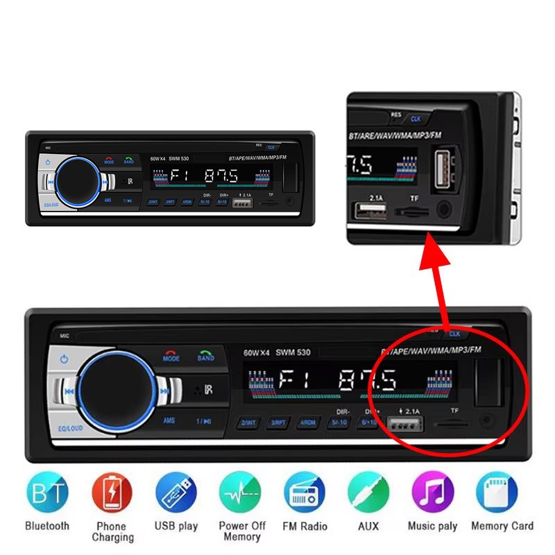 2usb fast phone charge car mp3 player bluetooths FM AUX SD 7388 high power sound single 1 din car stereo radio audio