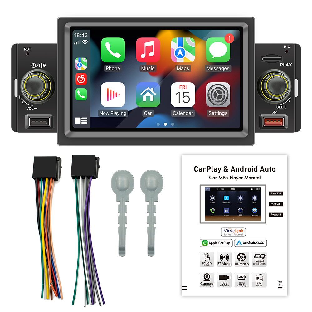 5 inch Car Radio 1 Din CarPlay Android Auto Multimedia Player Car MP5 Player Car Stereo MirrorLink FM Receiver Universal fit