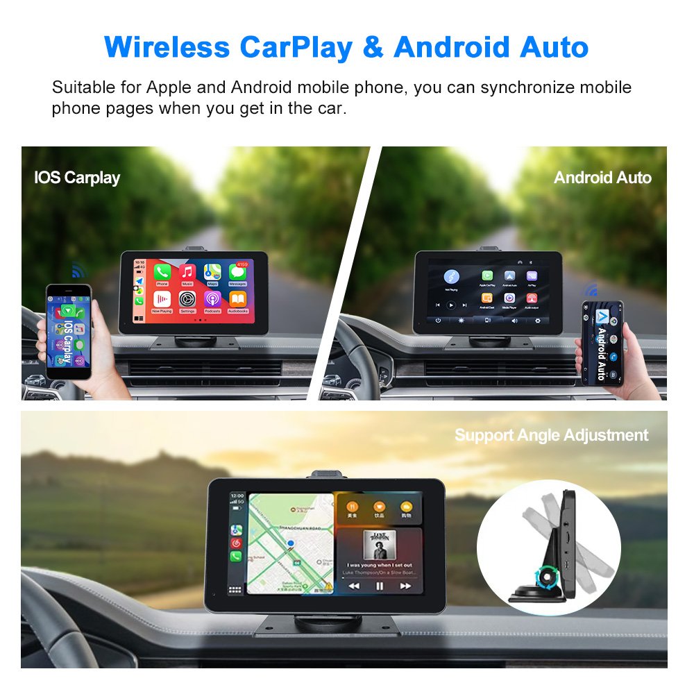 Newest 7 Inch Touch Screen Portable Wireless Apple Carplay Android Auto Car Radio Receiver with Mirror Link/GPS/Siri/Google/FM