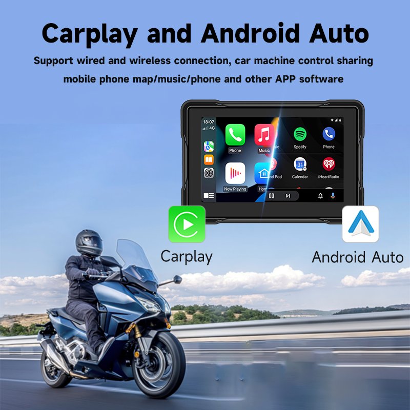 5-Inch Wireless Carplay Motorcycle Wireless Carplay Android AUTO Motorcycles All-in-One Motorcycle GPS IPX7 Dashcam moto camera