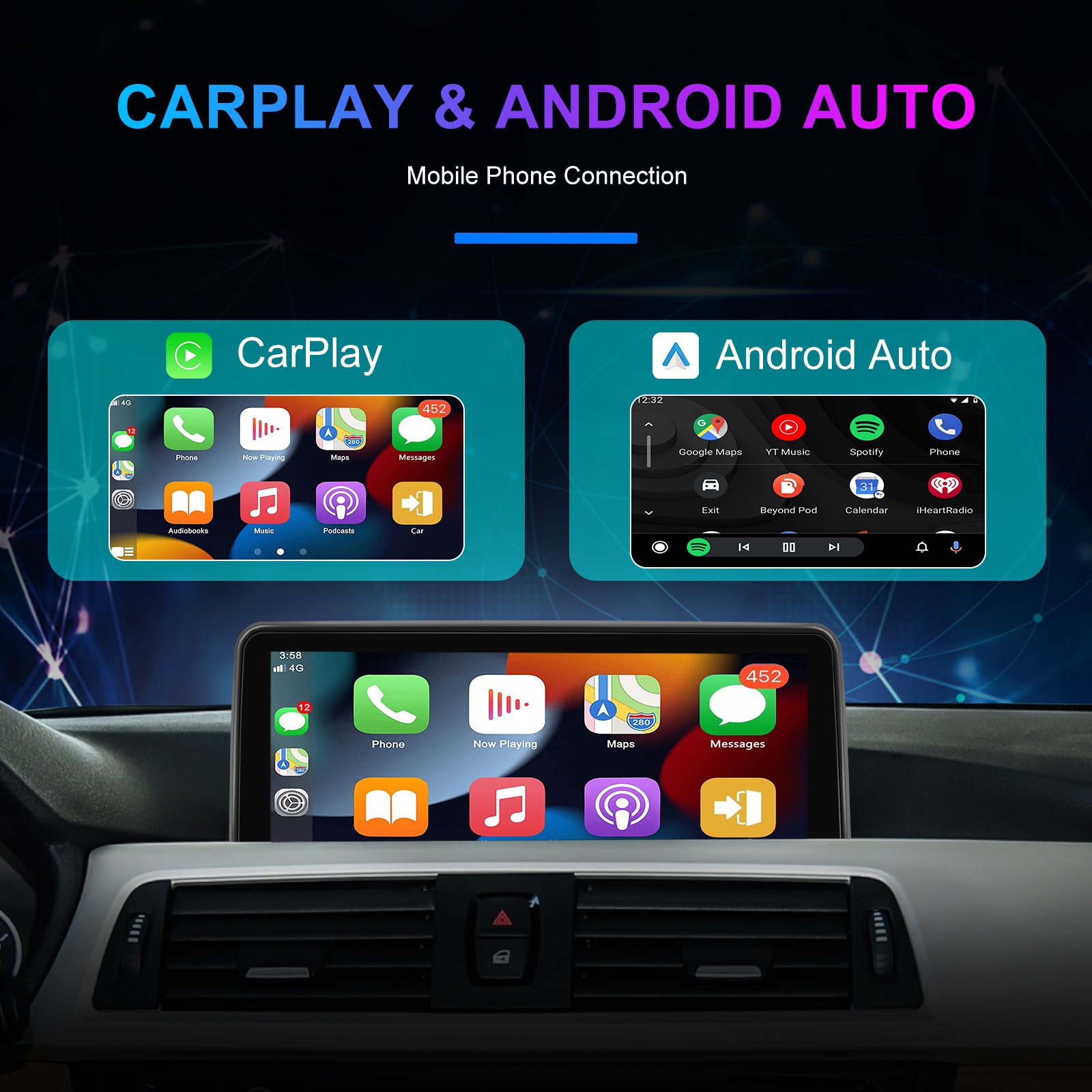 Podofo Android Car Stereo 4+64GB Car Radio Video Autoradio For BMW 3 Series F30 2013-2016 Carplay Android Auto 4G BT Wifi GPS