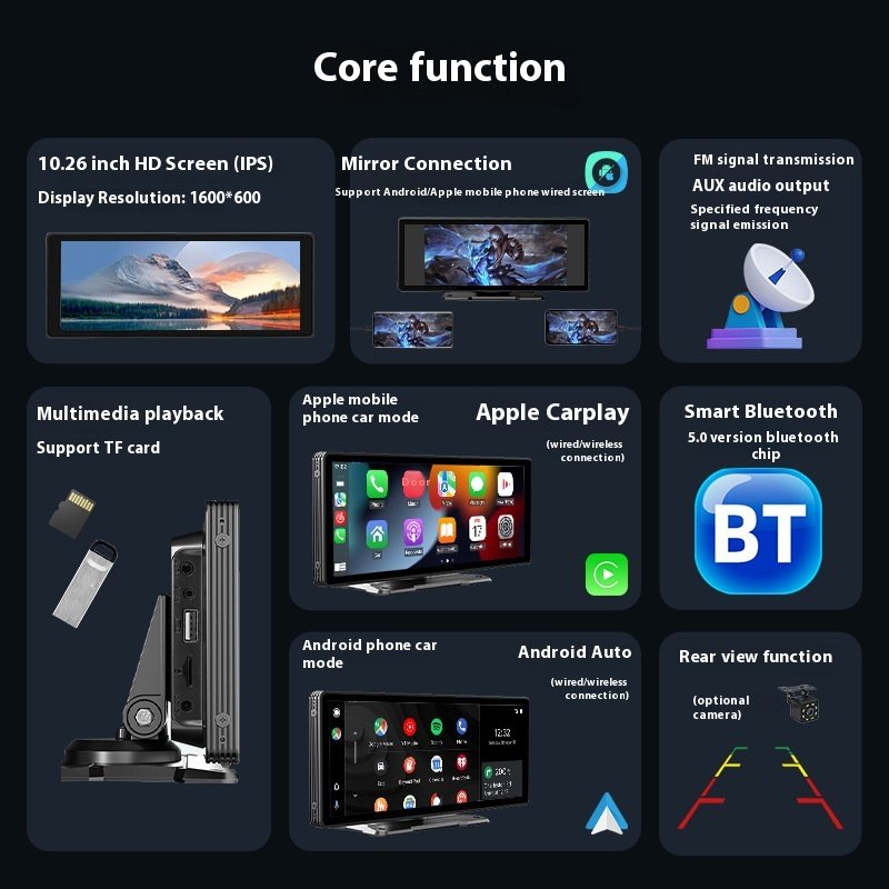 10.26'' IPS HD Universal Dashboard Monitor Wireless GPS CarPlay Android Auto Radio Portable Multimedia Video MP5 Amplifier