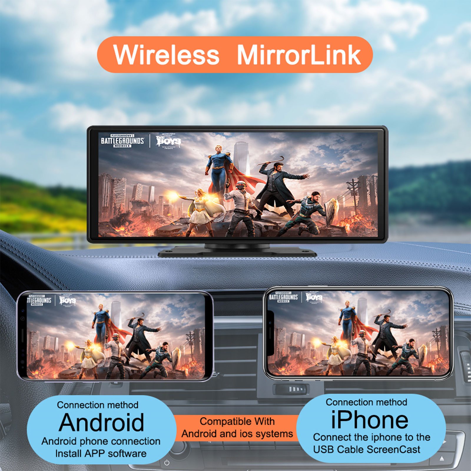 CARABC Apple Wireless Carplay Screen 10.26" Portable Car Display Screen Android Auto Car Play Radio Carplay Retractable Screen