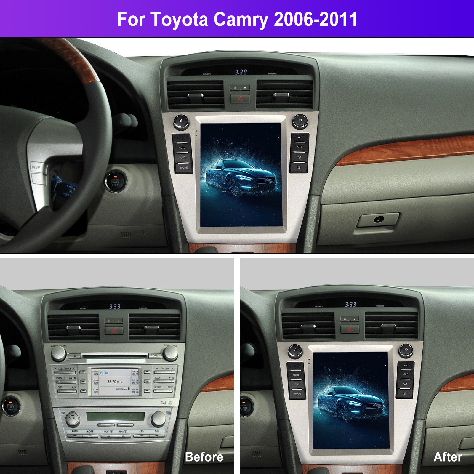 Podofo Android Car Radio 9.7Inch 1+32GB/2+64GB Autoradio Frame For Toyota Camry 2006-2011 Carplay Android Auto GPS WiFi BT