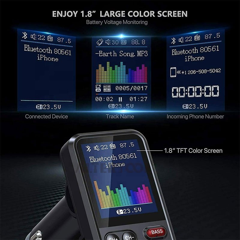 New Style 1.8 Inches Car Wireless FM Transmitter Radio Fast Charging Treble Bass Car MP3 Music Player