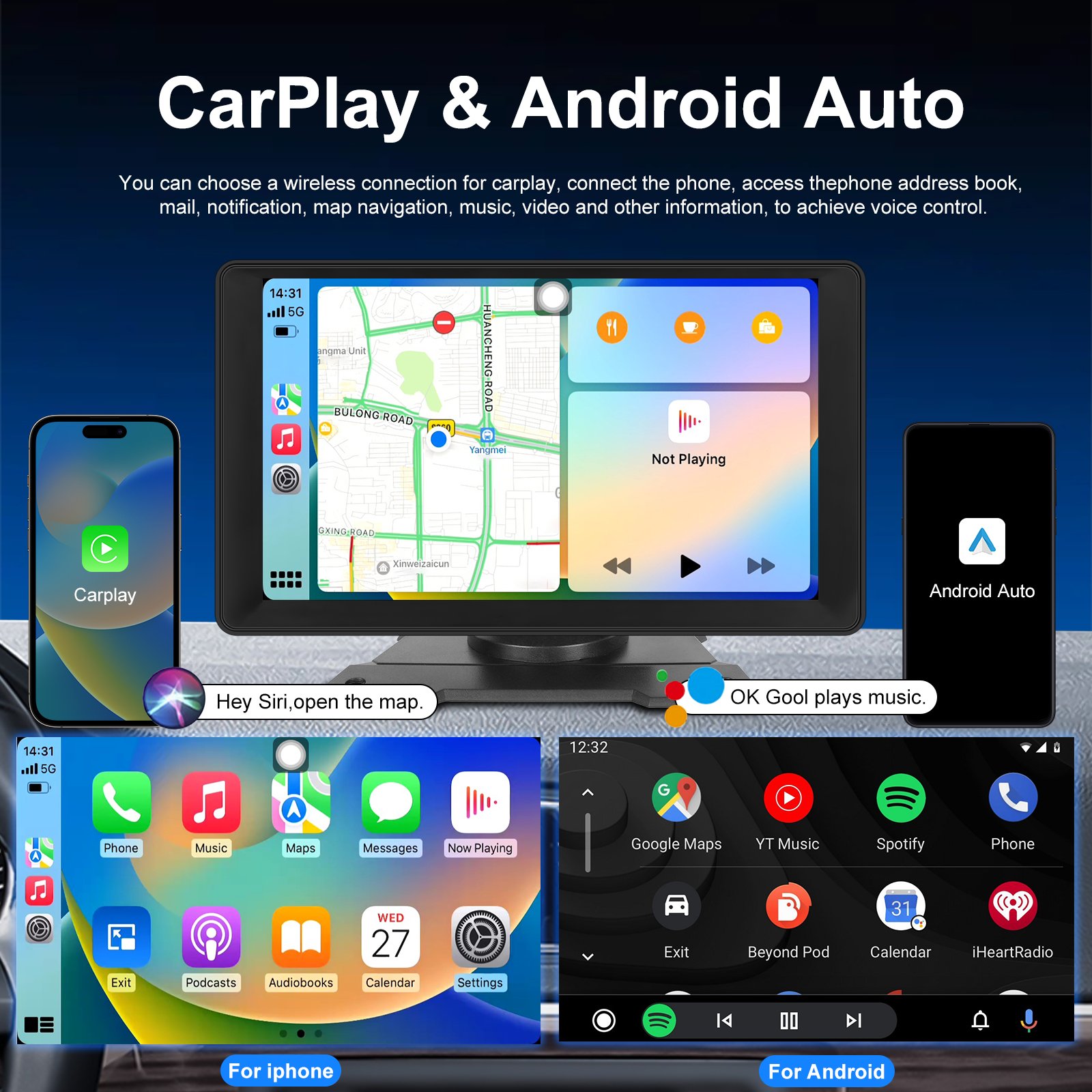 Podofo 9Inch Autoradio Android Car Radio Portable Carplay Android Auto DVR 4+64G GPS WIFI BT FM Airplay Support AHD Camera