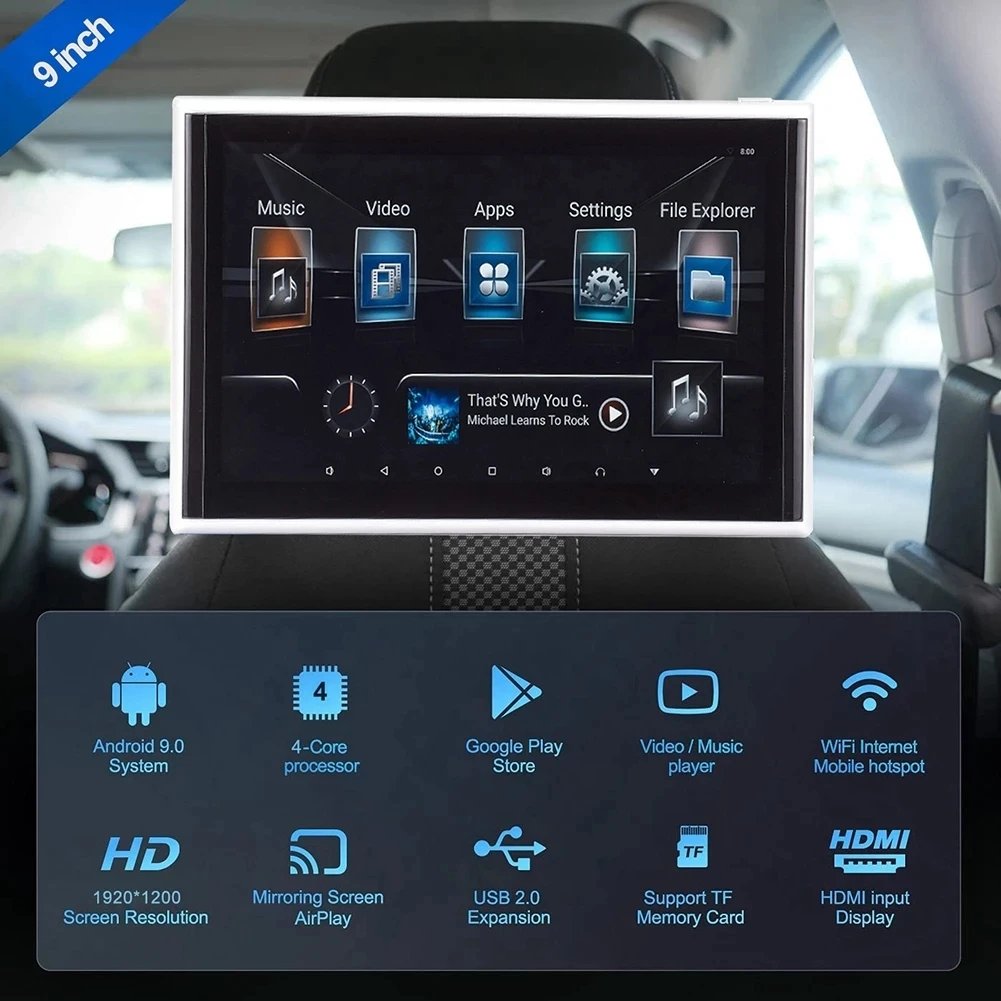 Jmance Universal 9 inch Headrest Car Monitor Seat Wifi 4Core Taxi Headrest Advertising Player navigator