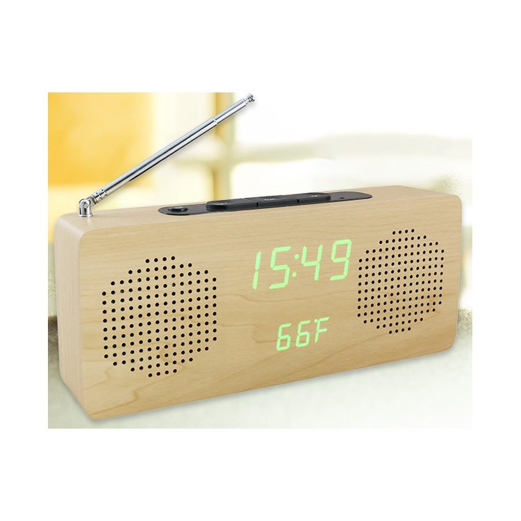 OEM Portable Wooden LED Screen Digital FM Clock Radio With Temperature