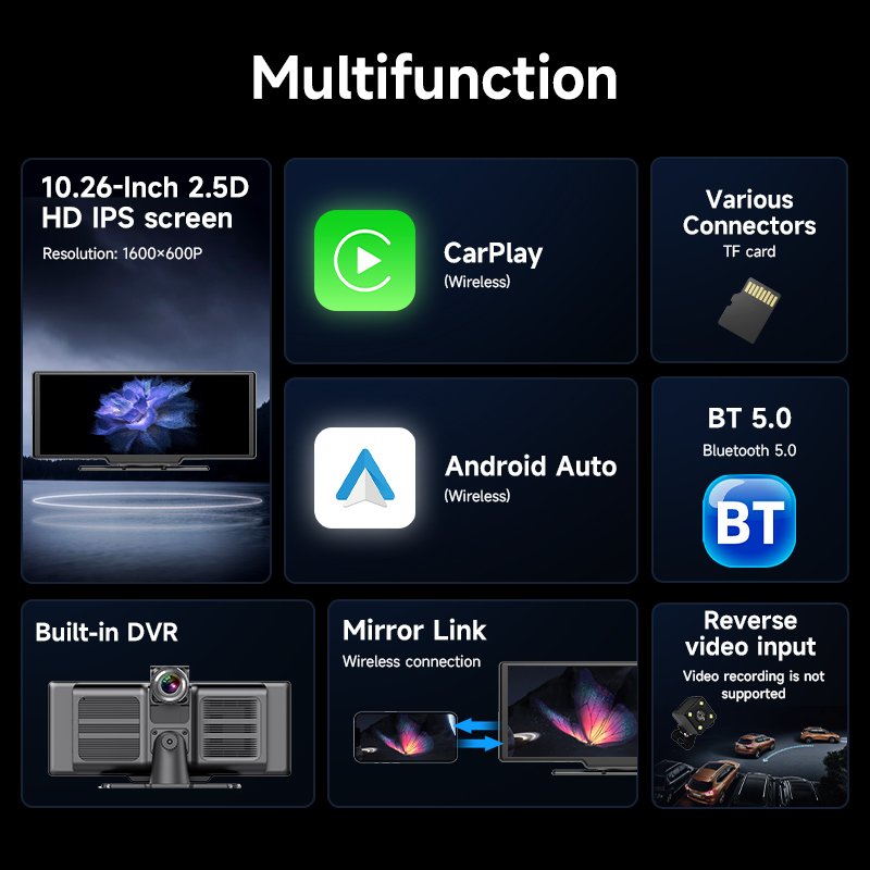 10.26 Inch Touch Screen Rearview CarPlay Android Auto Wireless CarPlay Car Radio Portable Carplay Screen Car Radio MP5 Player