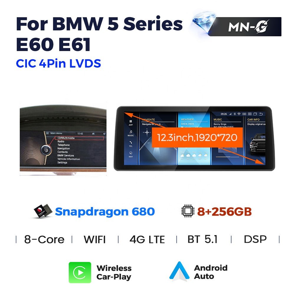 Navifly Qualcomm 12.3inch AUTO player Android radio Screen 4G LTE for BMW 5 Series E60 E61cic ccc support dvd map obd tmps