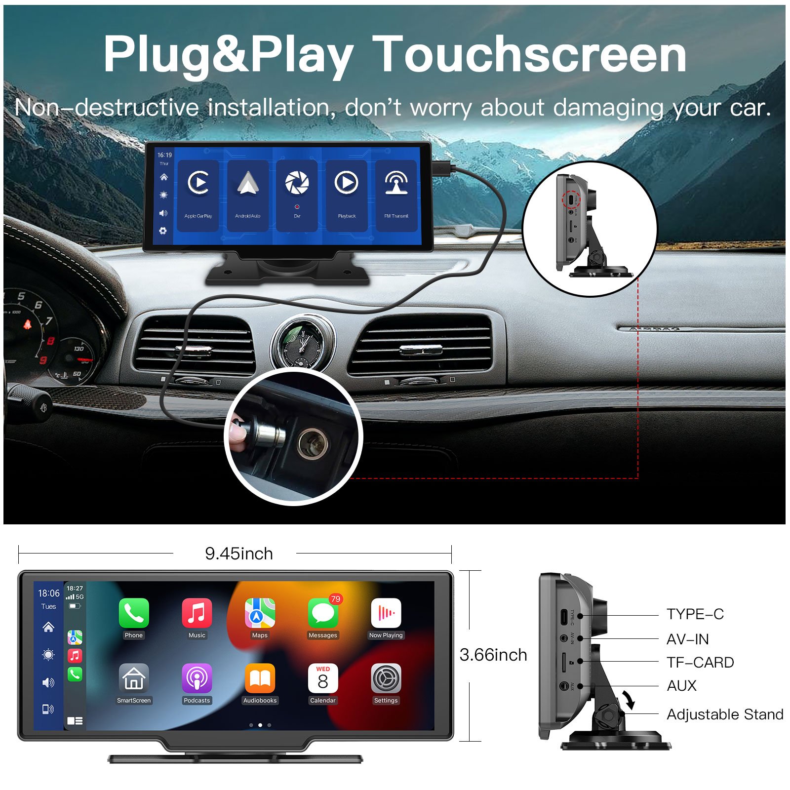 Autoabc Portable multimedia Navigation Wireless Carplay Android Auto Car Radio 9.26inch HD Full Touch Screen for Universal Car