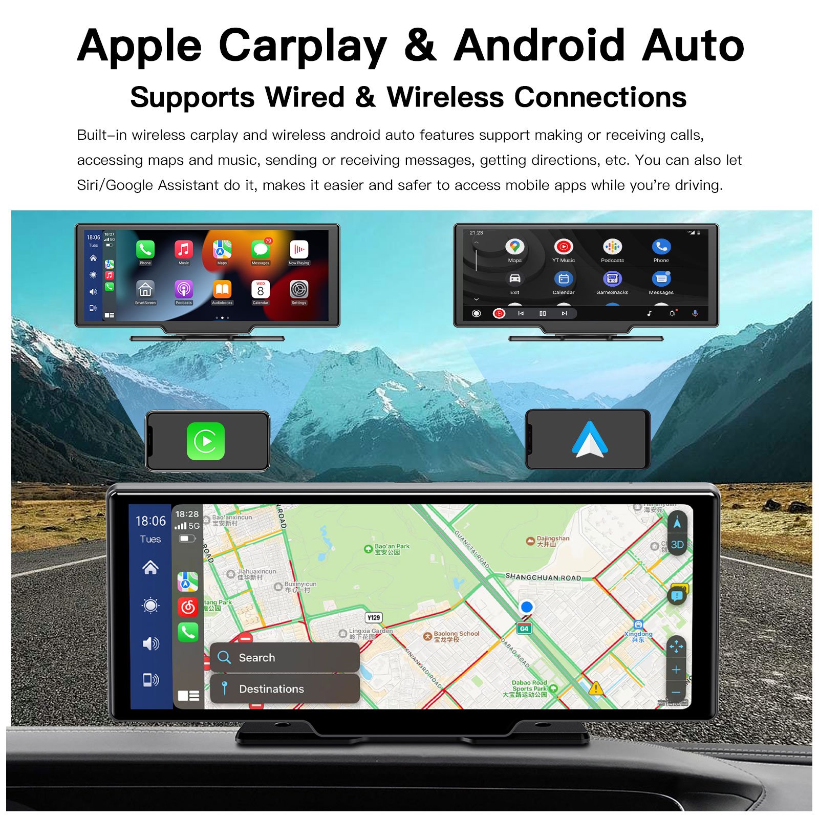 Autoabc Portable multimedia Navigation Wireless Carplay Android Auto Car Radio 9.26inch HD Full Touch Screen for Universal Car