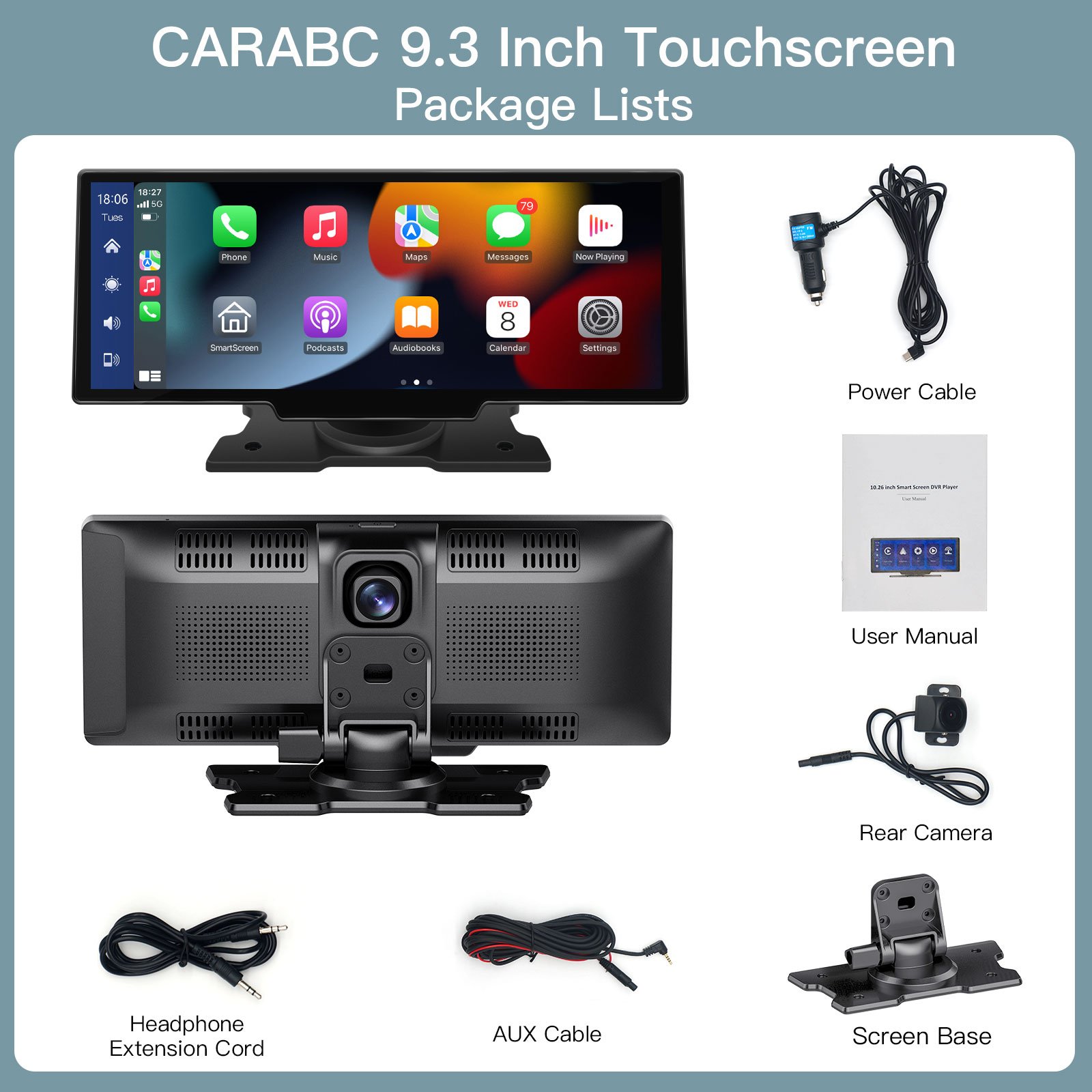 Autoabc Portable multimedia Navigation Wireless Carplay Android Auto Car Radio 9.26inch HD Full Touch Screen for Universal Car