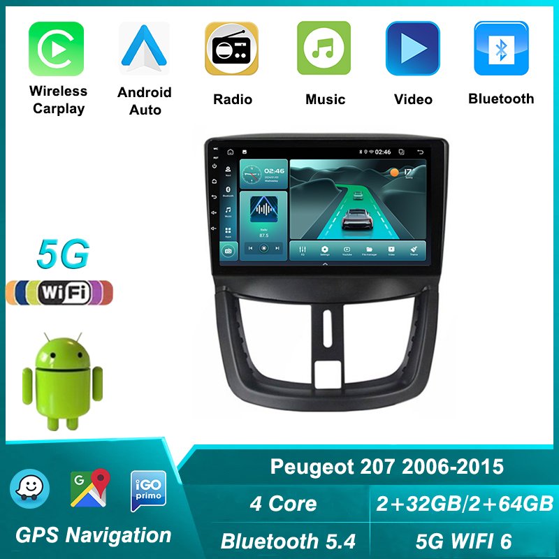 5G+2.4G WIFI Bluetooth 5.4 Car Radio for Peugeot 207 207CC 2006-2015 Multimedia Video Player GPS Navigation Android Carplay DSP