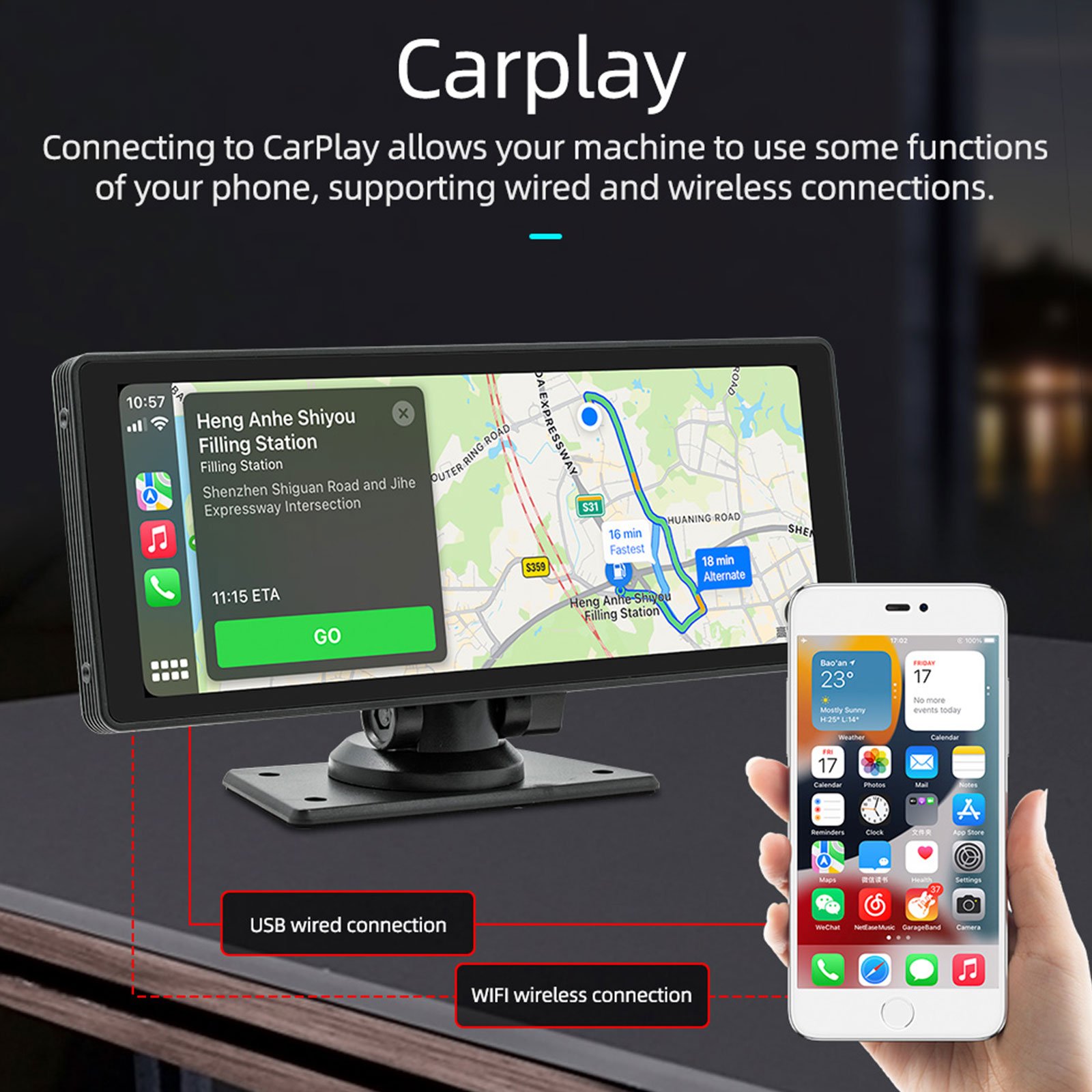 CARABC 10.26 inch carplay screen portable Waterproof Android Auto Display Screen For Car Universal Dashcam With dash cam