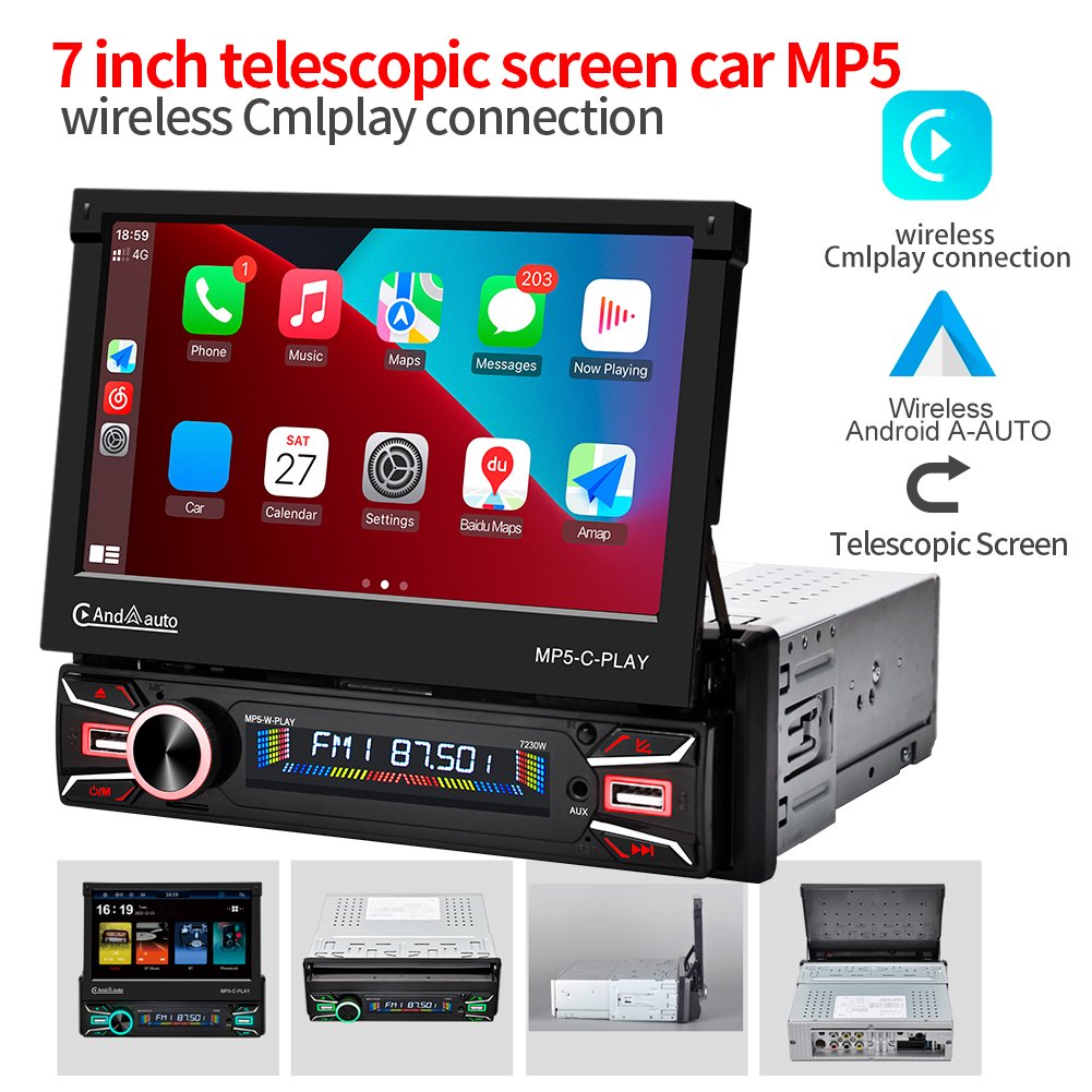 1 Din Car Radio Retractable Screen Autoradio Universal Car Mp5 Player Stereo BT Carplay 7 Inch CarMP5 Player 7230W